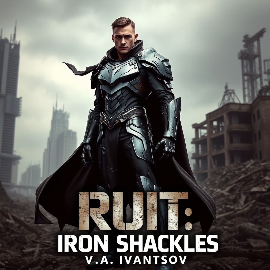 A man in futuristic cybernetic armor stands confidently in front of a decaying, ruined city, the remnants of skyscrapers and collapsed structures in the background
