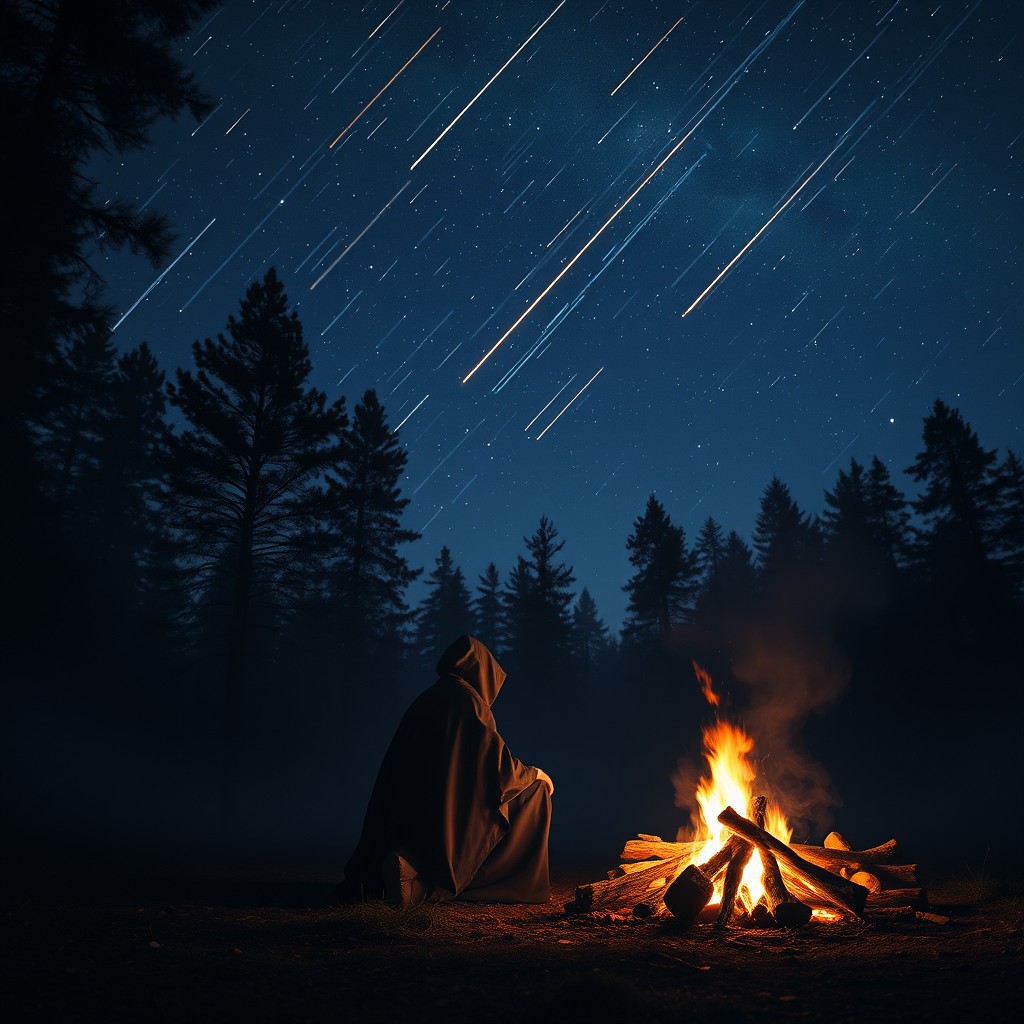 A solitary figure cloaked in a dark robe sits by a campfire, surrounded by a mystical night forest