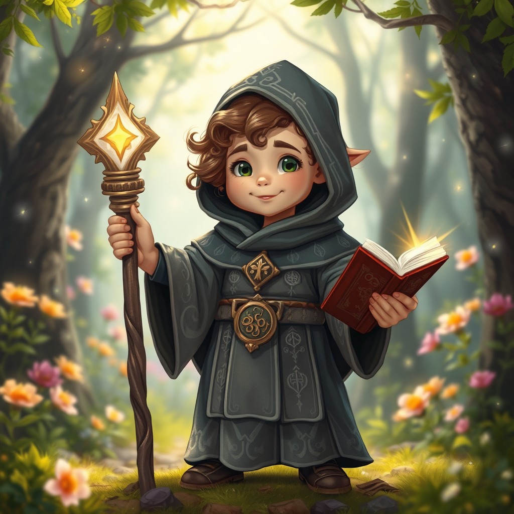 A charming halfling cleric standing in a mystical forest, adorned in intricately detailed robes with celestial symbols