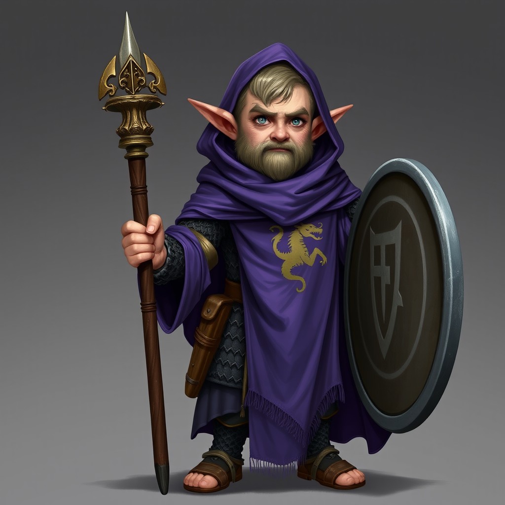 A halfling priest dressed in a flowing purple mantle adorned with a dragon symbol