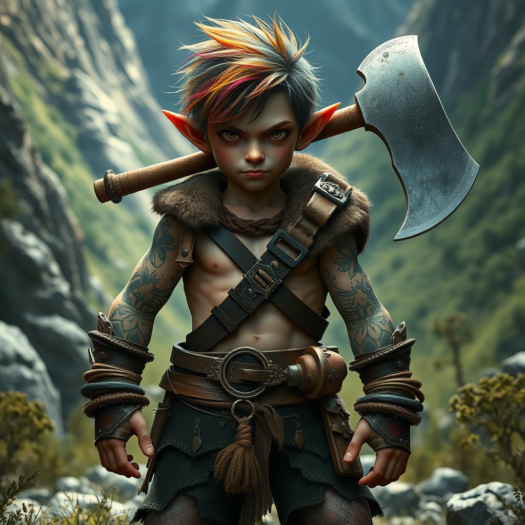 An androgynous halfling barbarian, standing confidently in a wild natural setting