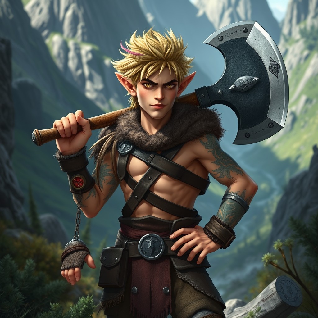 An androgynous halfling barbarian, chest covered in stylish leather armor and fur, standing confidently in a dynamic pose amidst a wild natural backdrop