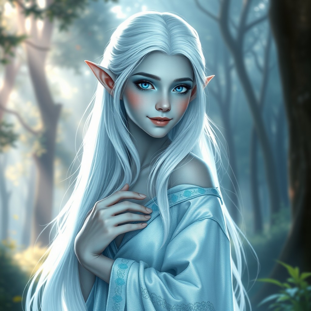 A teenage female white elf with striking blue undertones in her skin, long flowing white hair that catches the light, and pointed ears typical of elven features