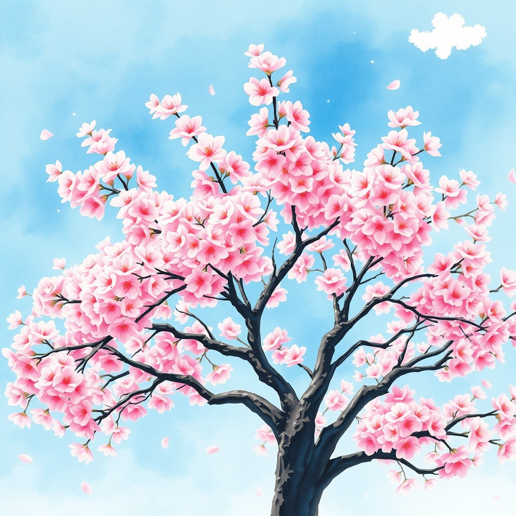 A beautiful watercolor painting of a cherry blossom tree in full bloom, showcasing delicate pink flowers against a serene blue sky