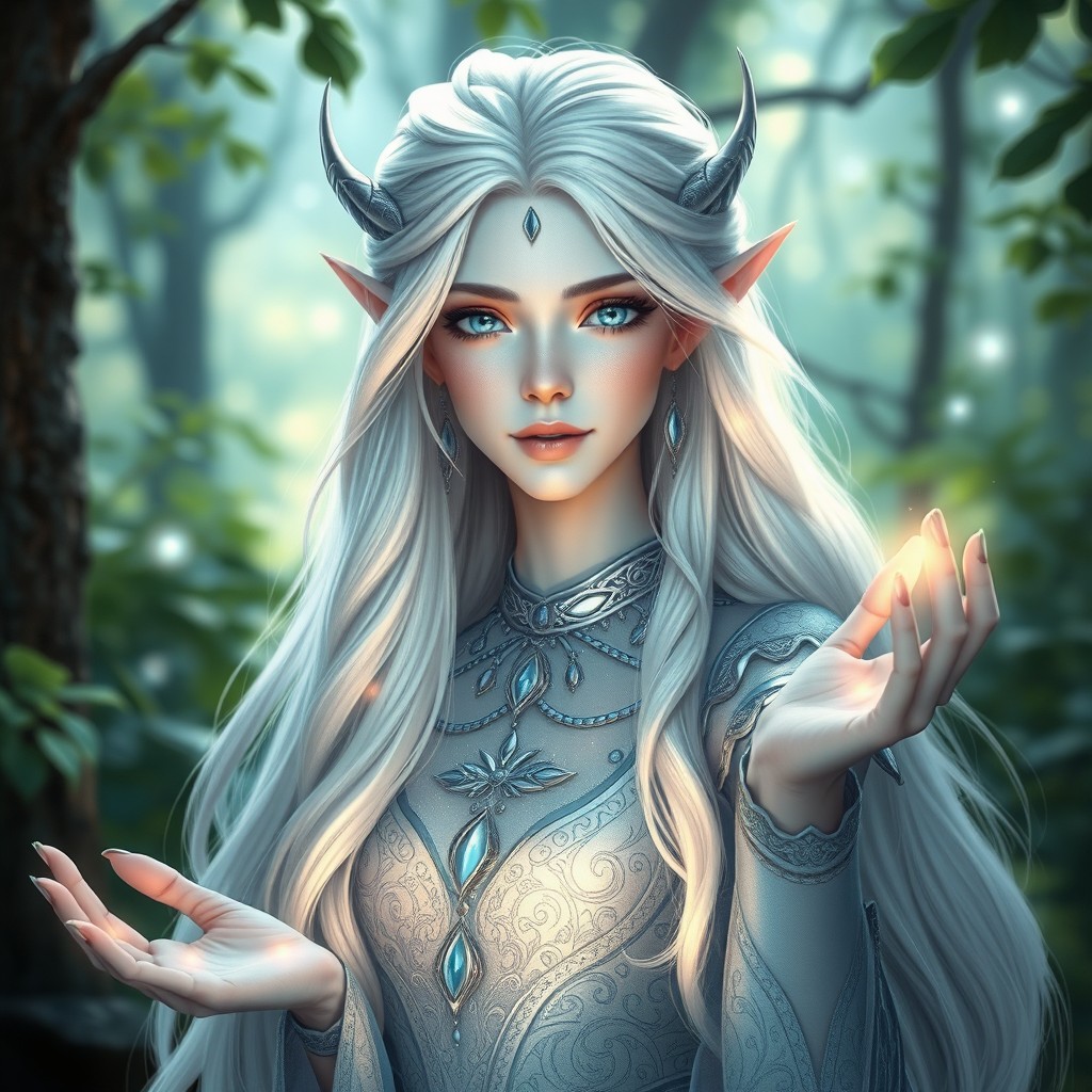 A female healer white elf with captivating blue undertones in her skin and long, flowing white hair that seems to shimmer