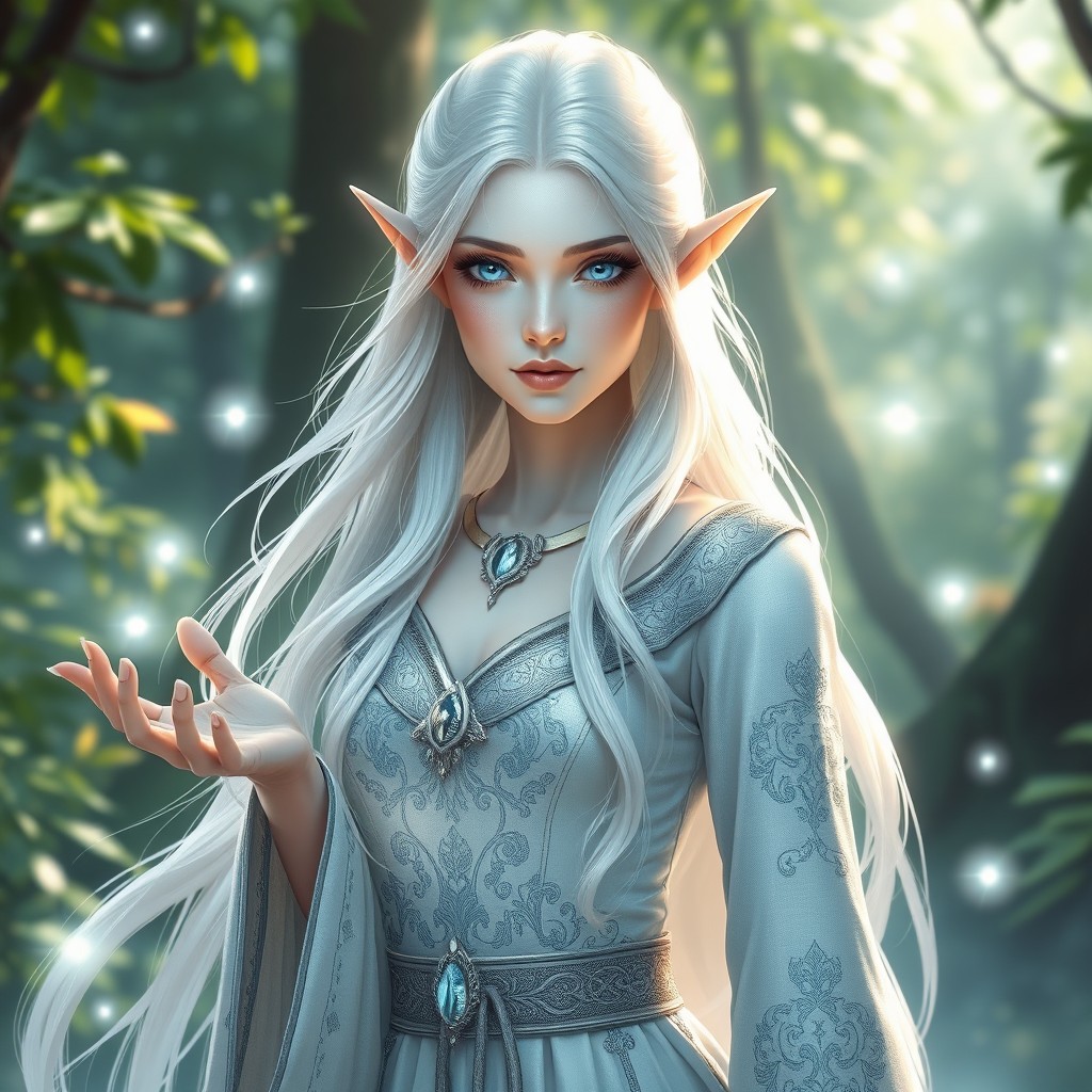 A female healer white elf with gentle blue undertones in her skin and flowing white hair that is soft and luminous