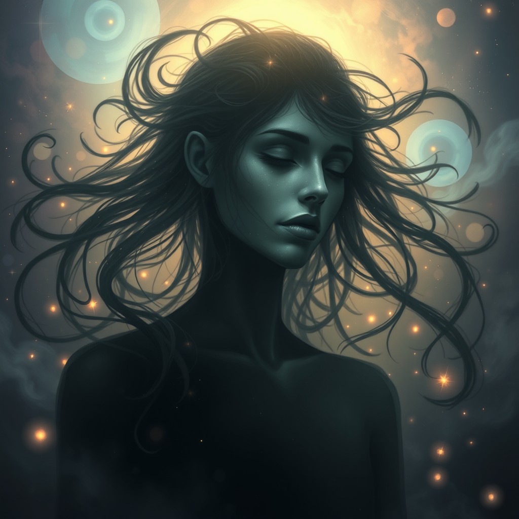 A captivating depiction of a shadowy figure representing the concept of a soul intertwined with a body, set in a mystical and ethereal landscape