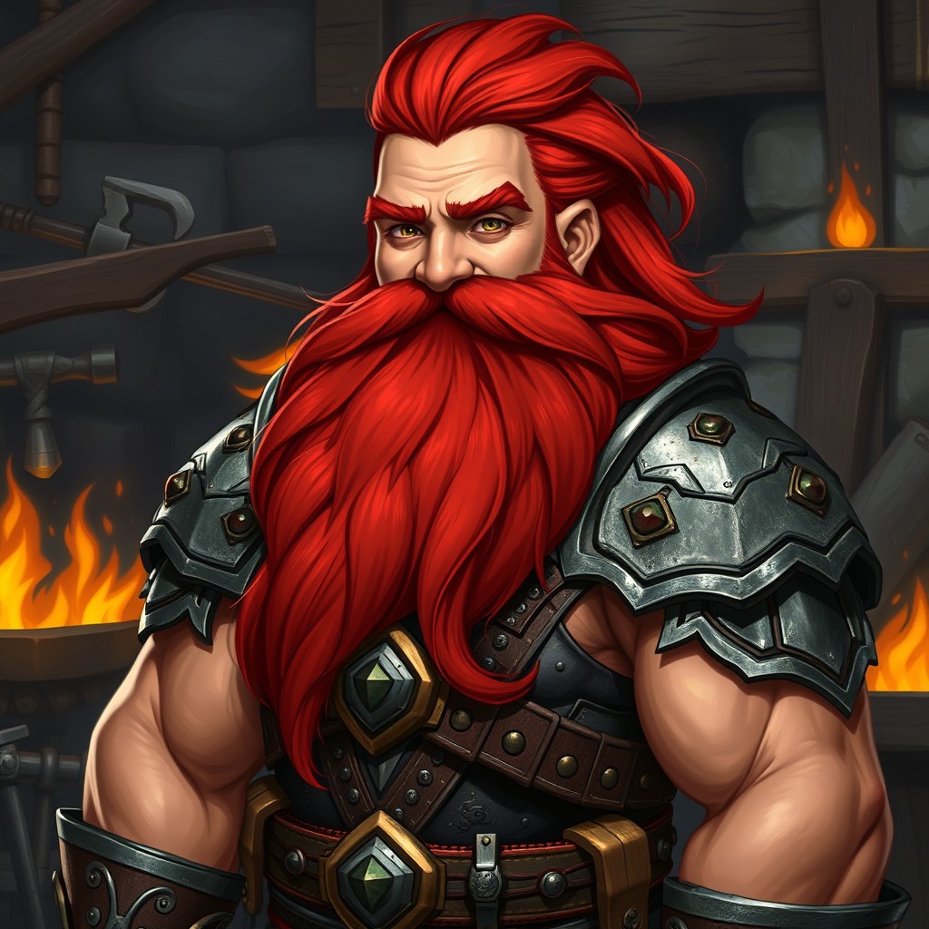 A male dwarf with light brown skin and a thick, vibrant red beard that flows majestically
