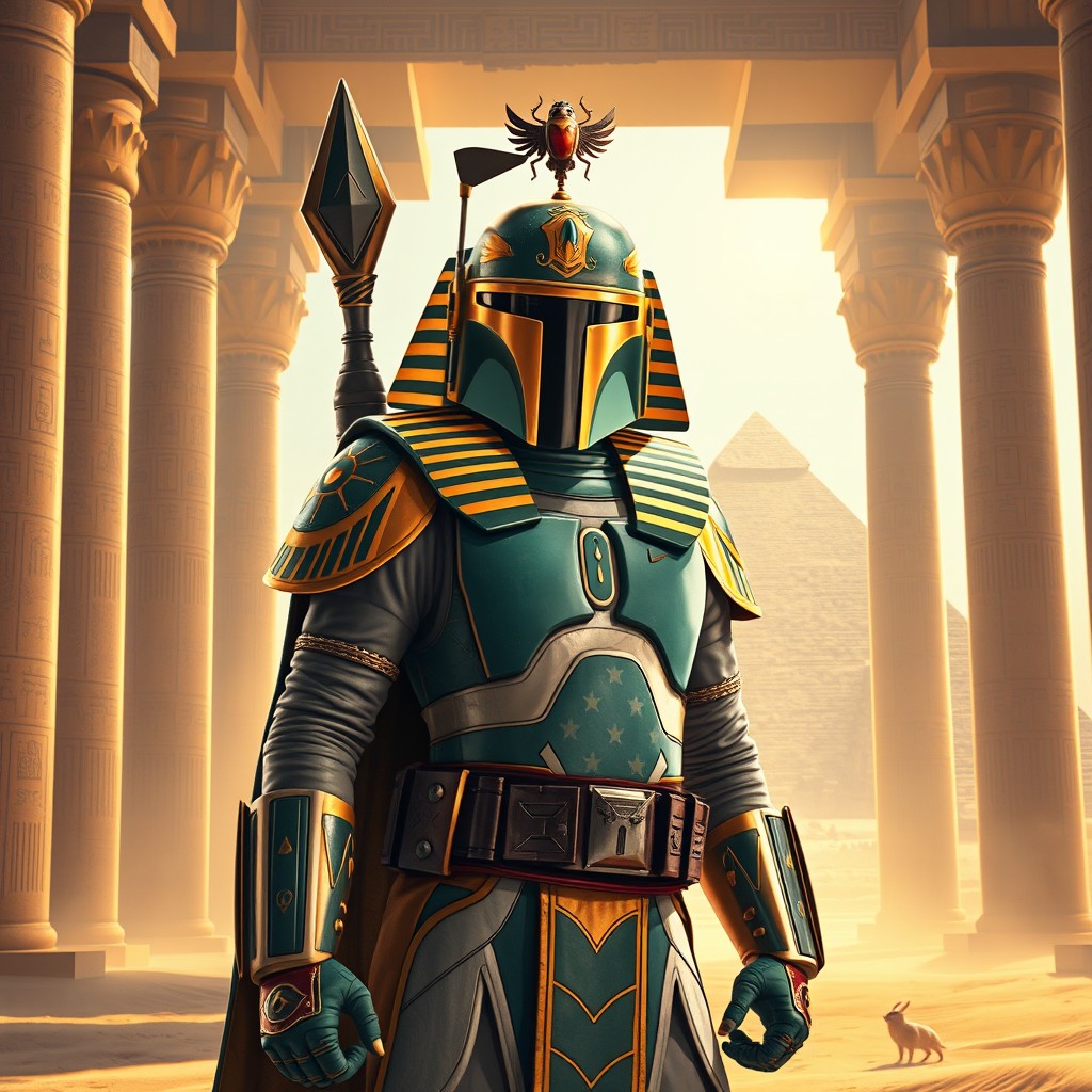 Boba Fett depicted as an ancient Egyptian pharaoh, standing proudly in a grandiose temple backdrop filled with hieroglyphics and towering columns