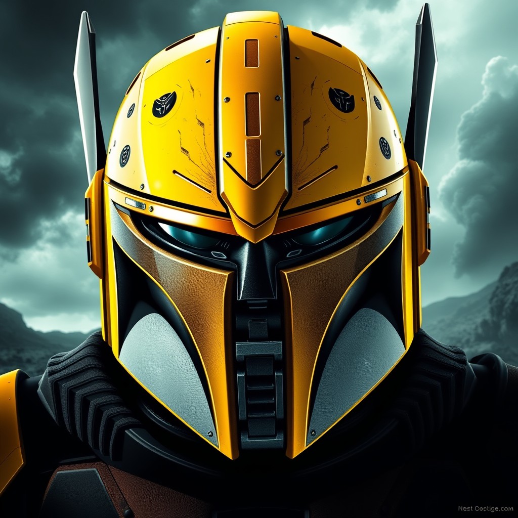 A Mandalorian helmet inspired by Bumblebee from Transformers, featuring a sleek design that retains Bumblebee's recognizable elements