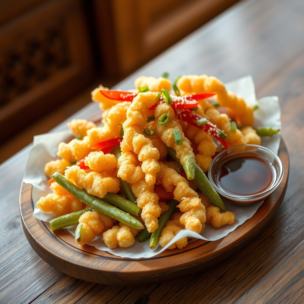 An enticing photograph of a plate of crispy tempura vegetables, showcasing a variety of colorful vegetables such as zucchini, bell peppers, sweet potatoes, and green beans, all perfectly battered and fried to a golden crisp
