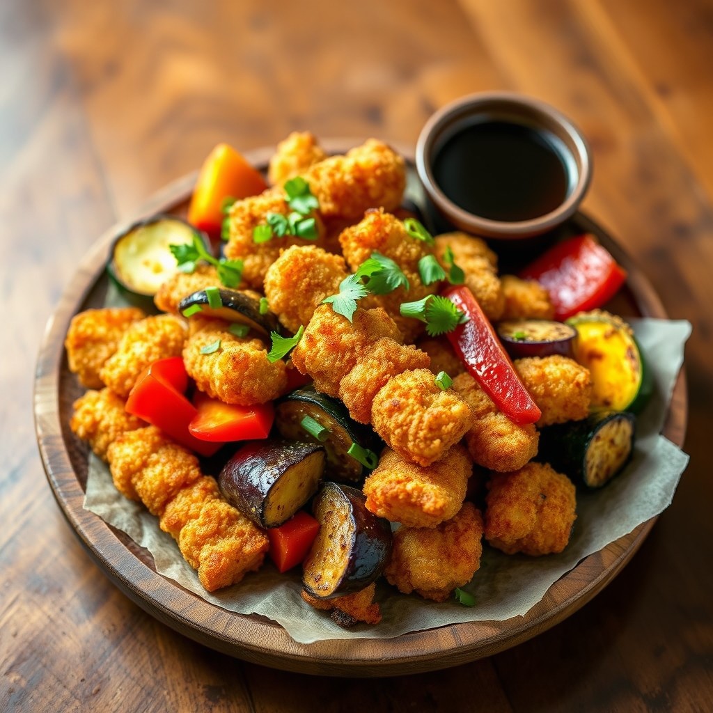 An enticing photograph of a plate of baked tempura vegetables, featuring a variety of colorful veggies such as zucchini, eggplant, bell peppers, and sweet potatoes