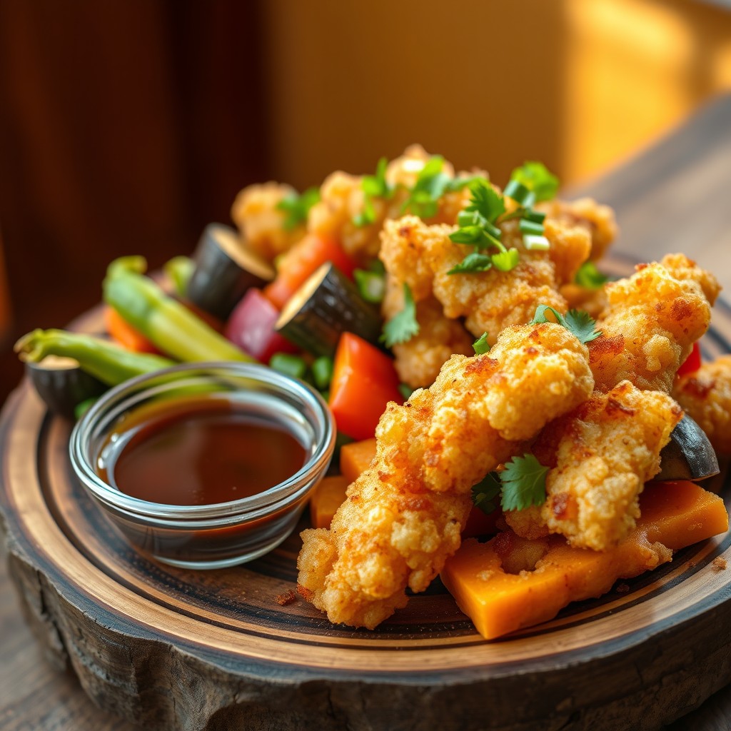 A stunning real photo of a vibrant plate of baked tempura vegetables, featuring a selection of zucchini, eggplant, bell peppers, and sweet potatoes, all lightly coated in a golden-brown, crispy tempura batter