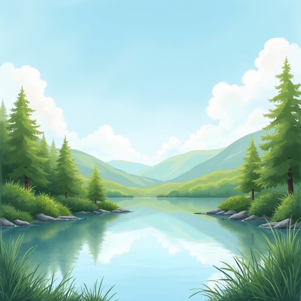 A serene lakeside scene illustrated in a beautiful watercolor painting style
