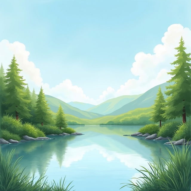 A serene lakeside scene illustrated in a beautiful watercolor painting style