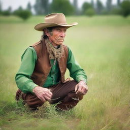 A weathered cowboy in traditional attire, kneeling in a verdant pasture, curiously chewing on strands of fresh, green grass.