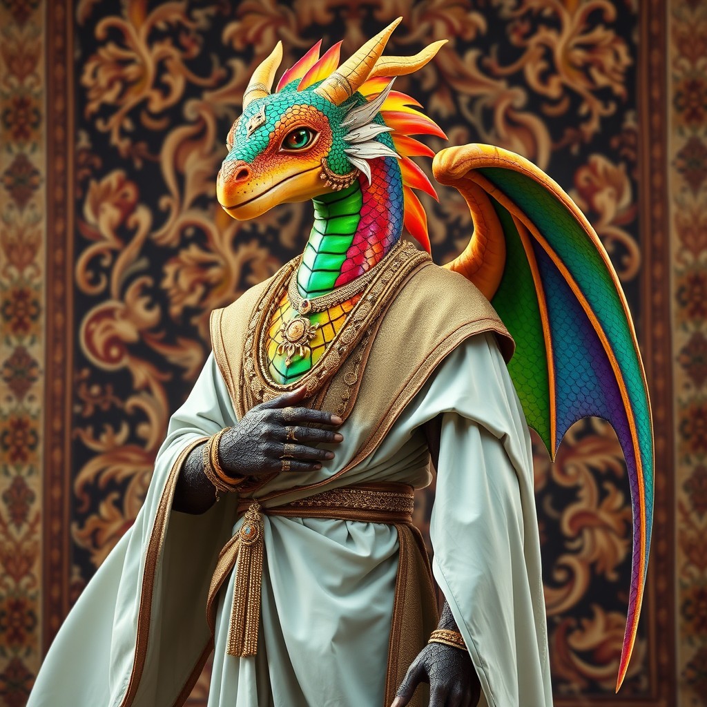 A male rainbow Dragonborn, showcasing vibrant scales with all the colors of the rainbow, elegantly dressed in traditional Arabic clothing that flows gracefully around him