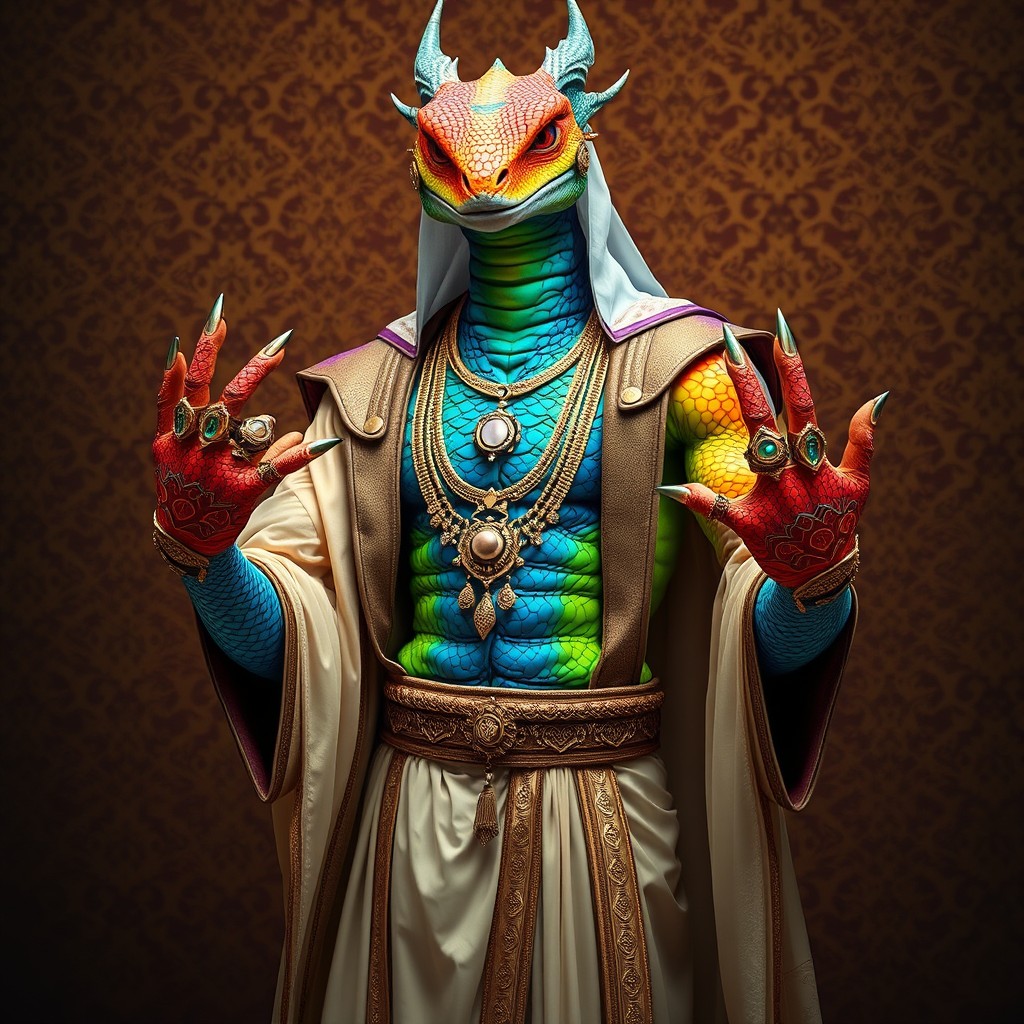 A full-body portrayal of a male rainbow Dragonborn, showcasing a stunning array of vibrant scales with all the colors of the rainbow