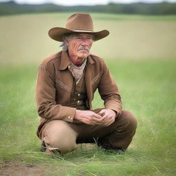 A weathered cowboy in traditional attire, kneeling in a verdant pasture, curiously chewing on strands of fresh, green grass.