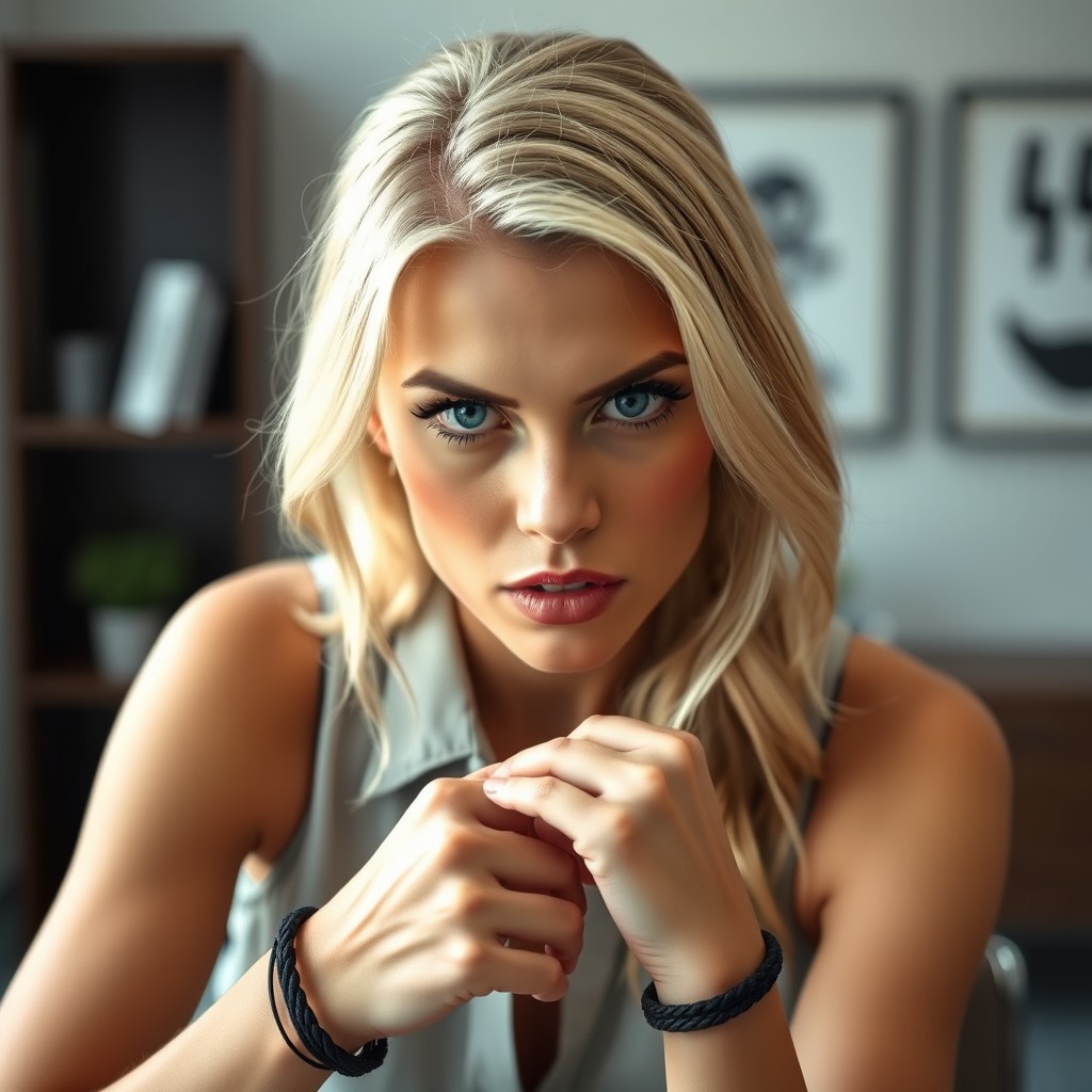 A young, 25-year-old attractive blonde therapist with a striking appearance, elegantly styled makeup on her face