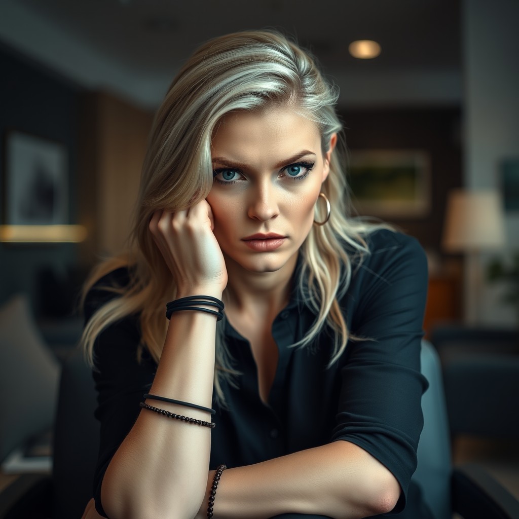 A young, 25-year-old attractive blonde therapist with a captivating appearance and elegantly styled makeup on her face