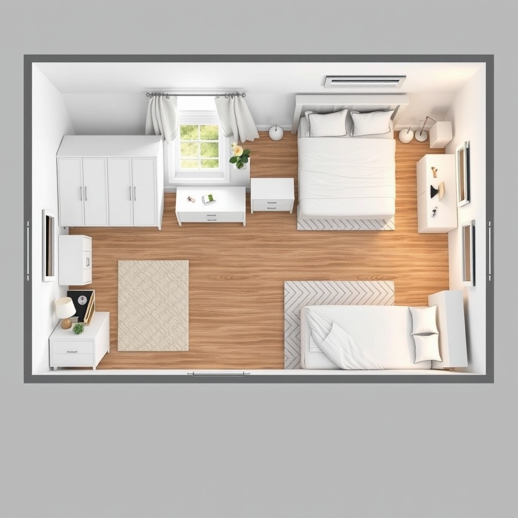 A detailed room plan of a combined bedroom and children's room, measuring 6 meters long and 2