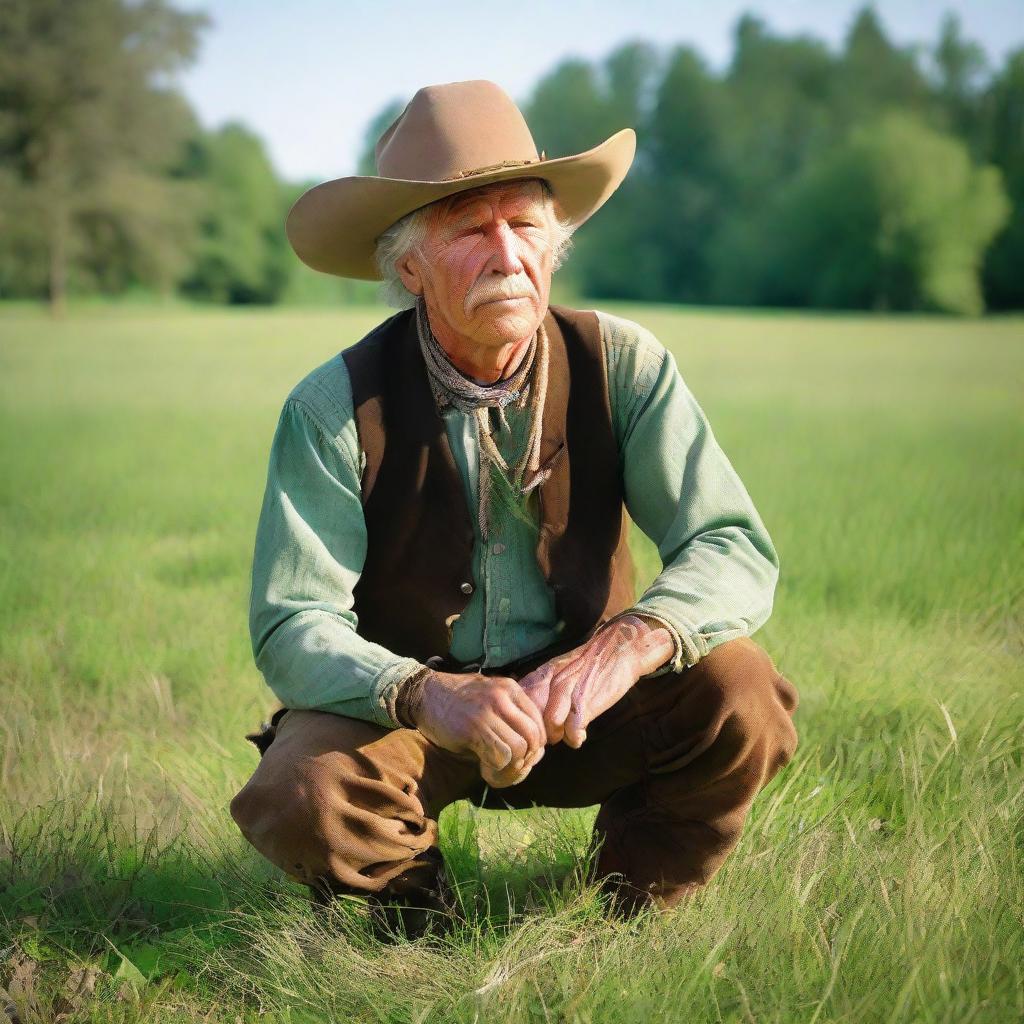 A weathered cowboy in traditional attire, kneeling in a verdant pasture, curiously chewing on strands of fresh, green grass.