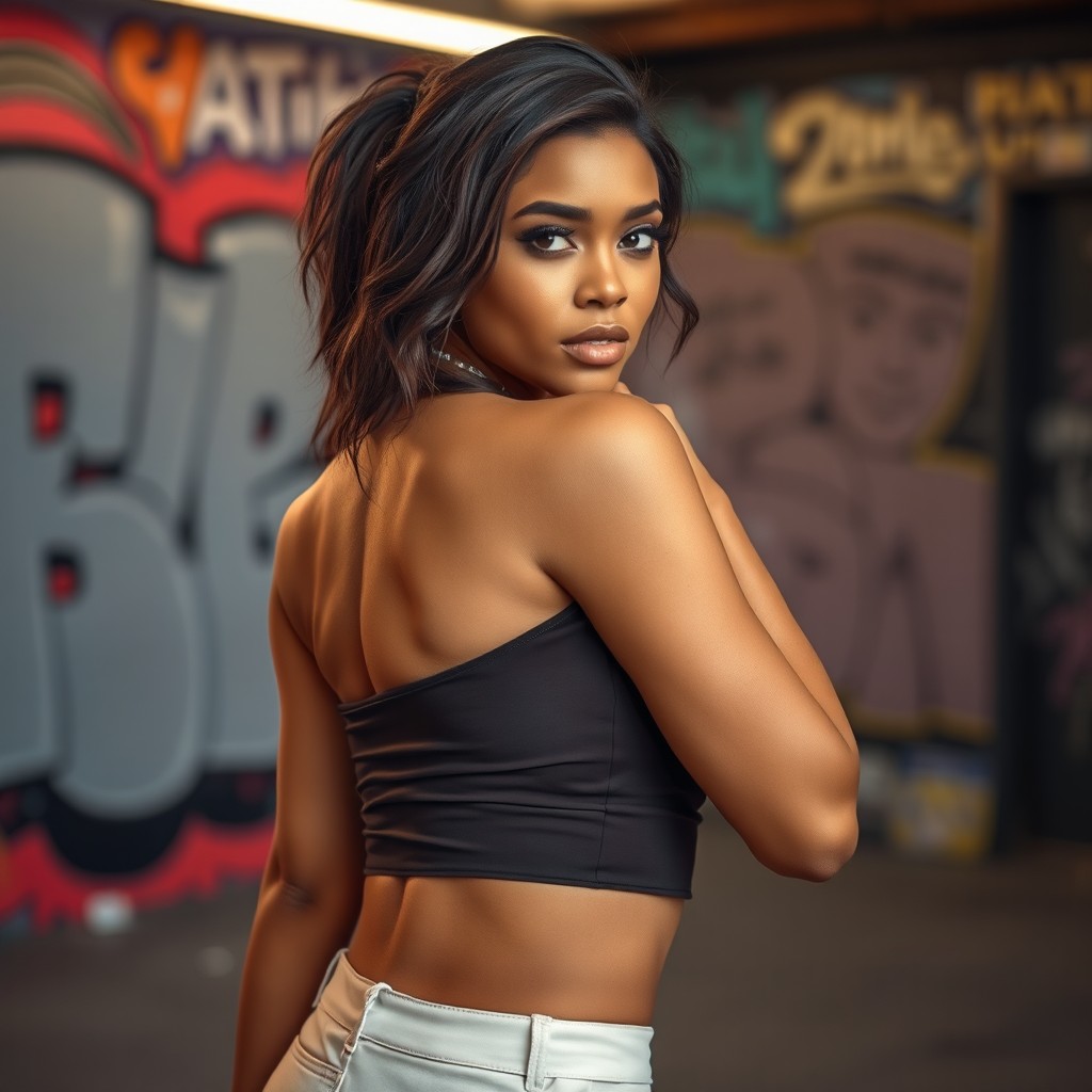 A captivating portrait of a confident person exuding charm and allure, dressed stylishly in a fitted outfit that accentuates their figure