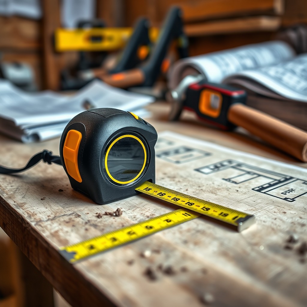 A close-up view of a construction tape measure, spread out on a wooden workbench, with a blurred background showing tools like a hammer, a level, and blueprints