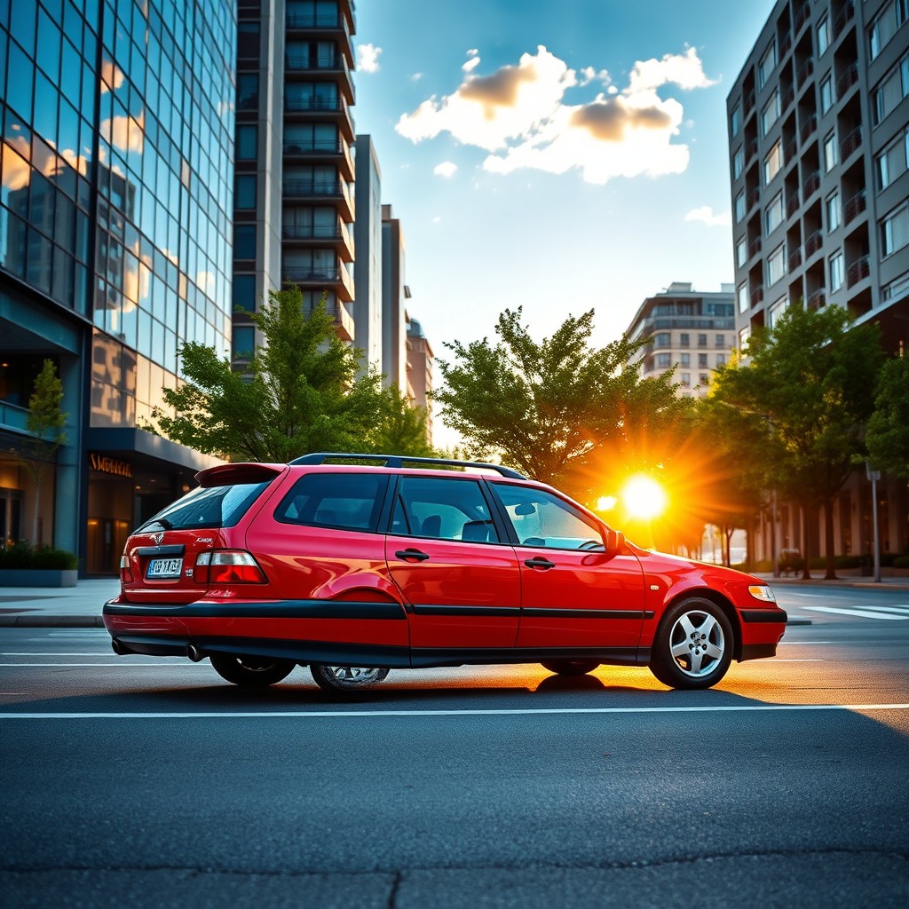 A 2000 Saab 9-5 station wagon in a vibrant color, parked on an urban street surrounded by modern buildings