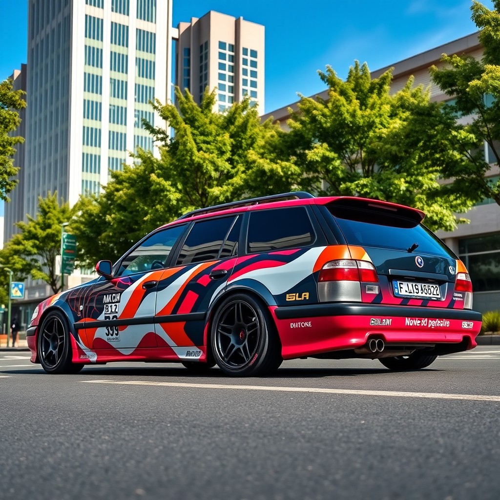 A 2000 Saab 9-5 station wagon customized with Bola B12 wheels, showcasing a striking 1990s DTM-inspired decoration
