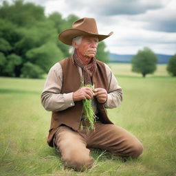 A weathered cowboy in traditional attire, kneeling in a verdant pasture, curiously chewing on strands of fresh, green grass.