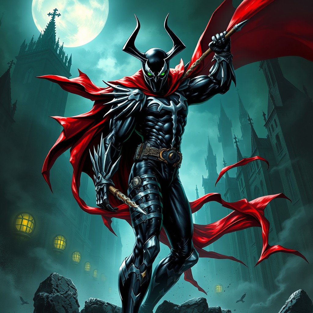 A striking and vivid portrayal of Spawn, an iconic comic book anti-hero, standing heroically in a dark, atmospheric setting