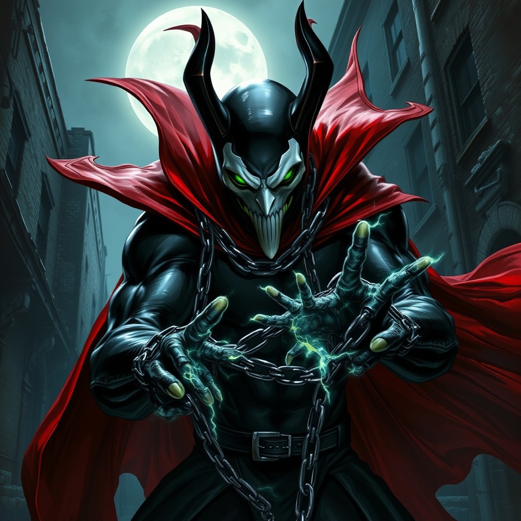 A detailed and dynamic portrayal of Spawn, a dark, brooding superhero with a complex backstory