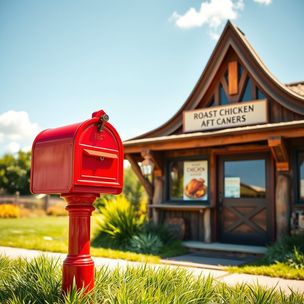 A vibrant red mailbox situated in front of a rustic roast chicken shop featuring a sharp, pointed roof