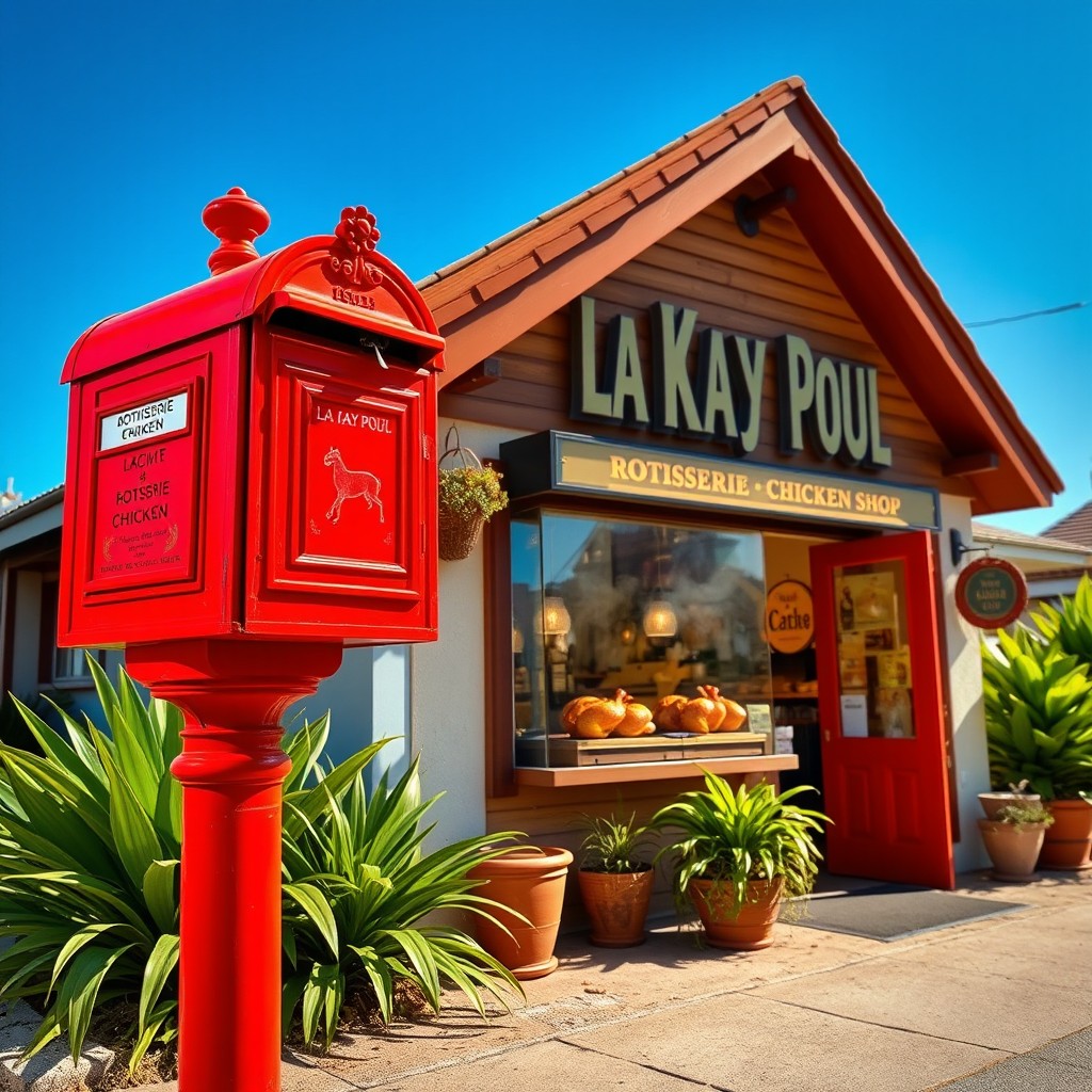 A vibrant red mailbox standing prominently in front of a charming rotisserie chicken shop with a pointed roof, named 'La Kay Poul'