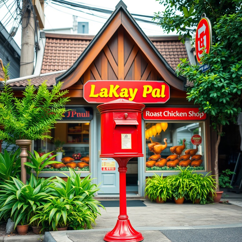 A vibrant red mailbox standing in front of a charming roast chicken shop named "LaKay Poul"