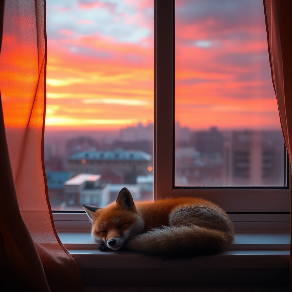 A serene scene featuring a cozy apartment's windowsill, where a sleeping fox is comfortably nestled