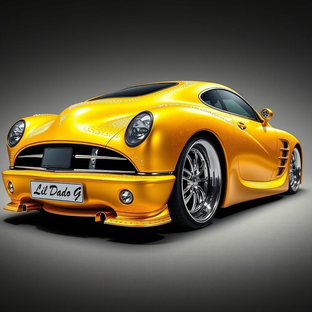 A vibrant and luxurious lowrider car painted in a stunning golden yellow color, adorned with sparkling diamonds that catch the light beautifully