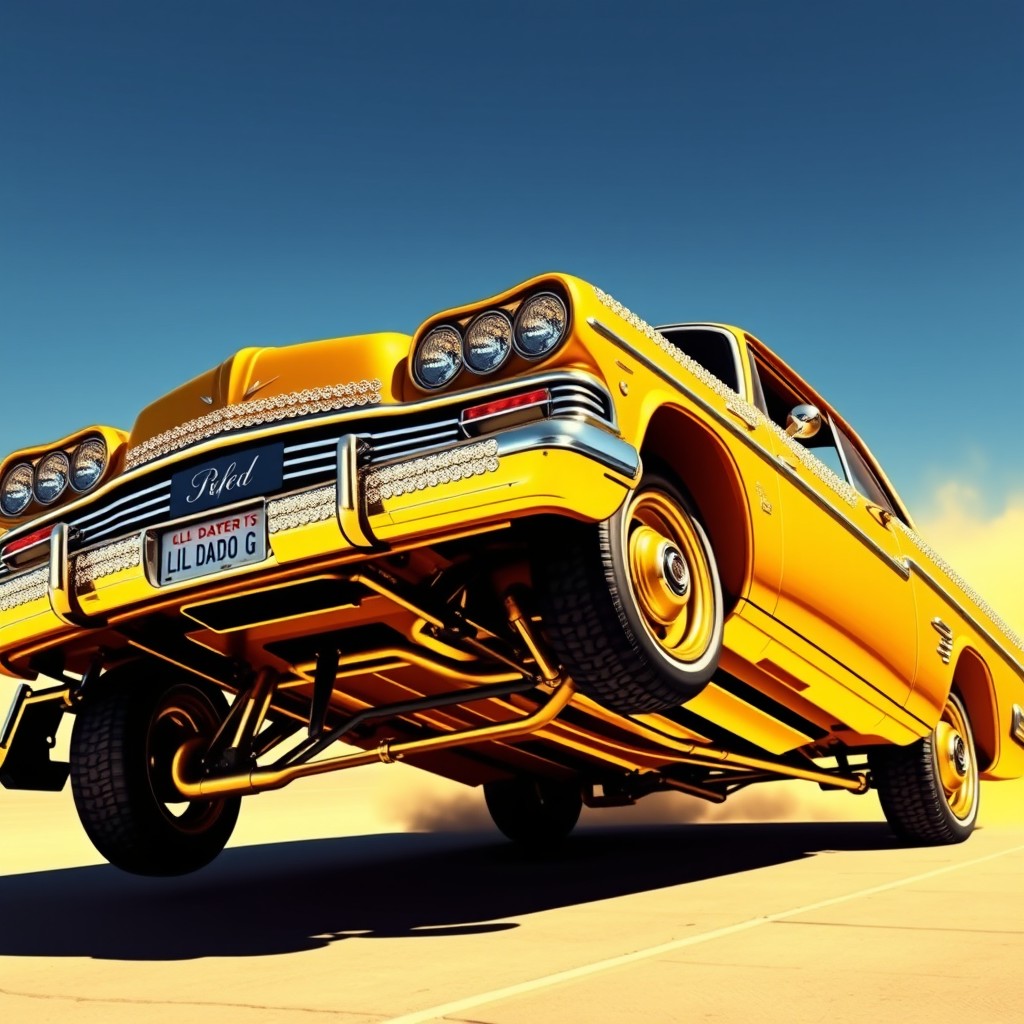 A gleaming golden yellow lowrider car, embellished with sparkling diamonds, captures attention as it jumps in the air, showcasing its impressive hydraulics