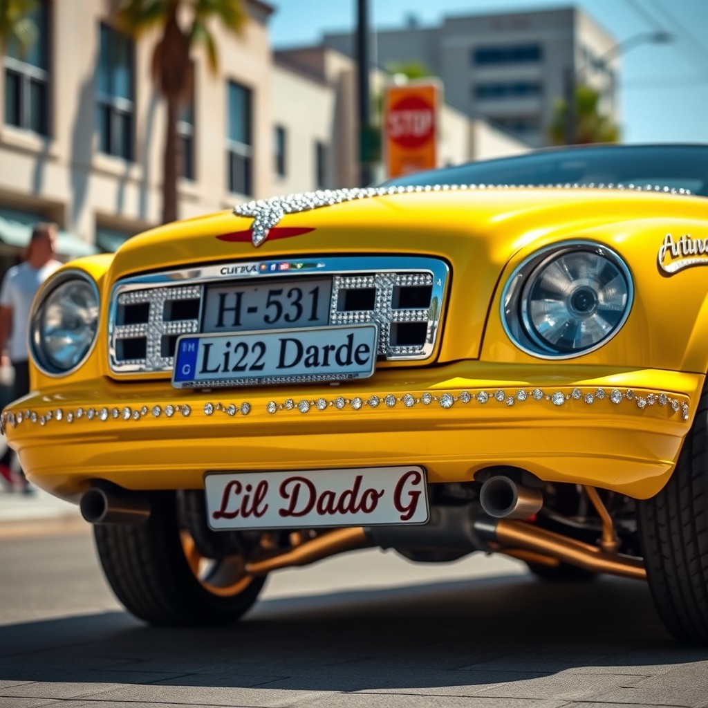 A stunning golden yellow lowrider car featuring intricate diamond embellishments