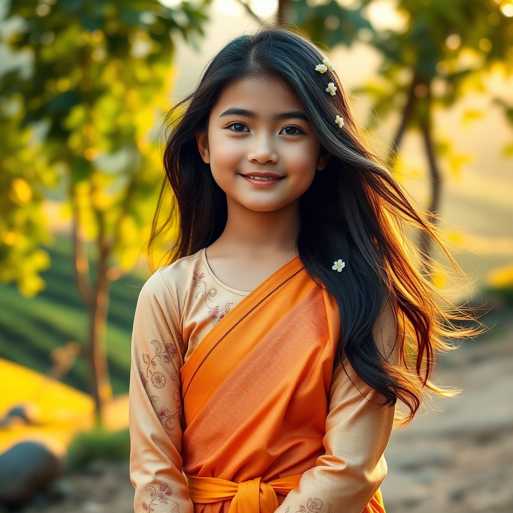 A beautiful Burmese girl standing gracefully in a scenic outdoor setting, wearing a traditional longyi and an elegant blouse, with intricate floral patterns