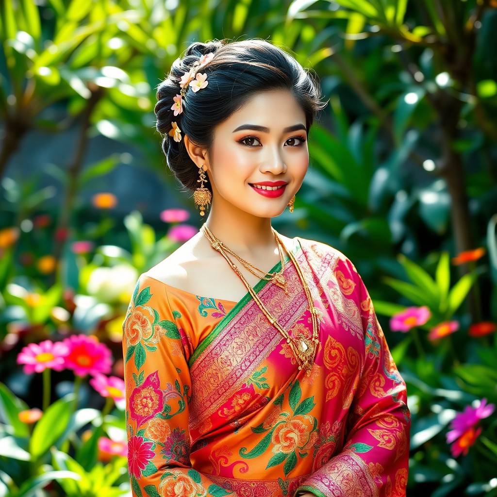 A graceful Burmese lady elegantly posed in a vibrant traditional outfit, featuring a beautifully patterned longyi and an ornate blouse, embodying the rich cultural heritage of Myanmar