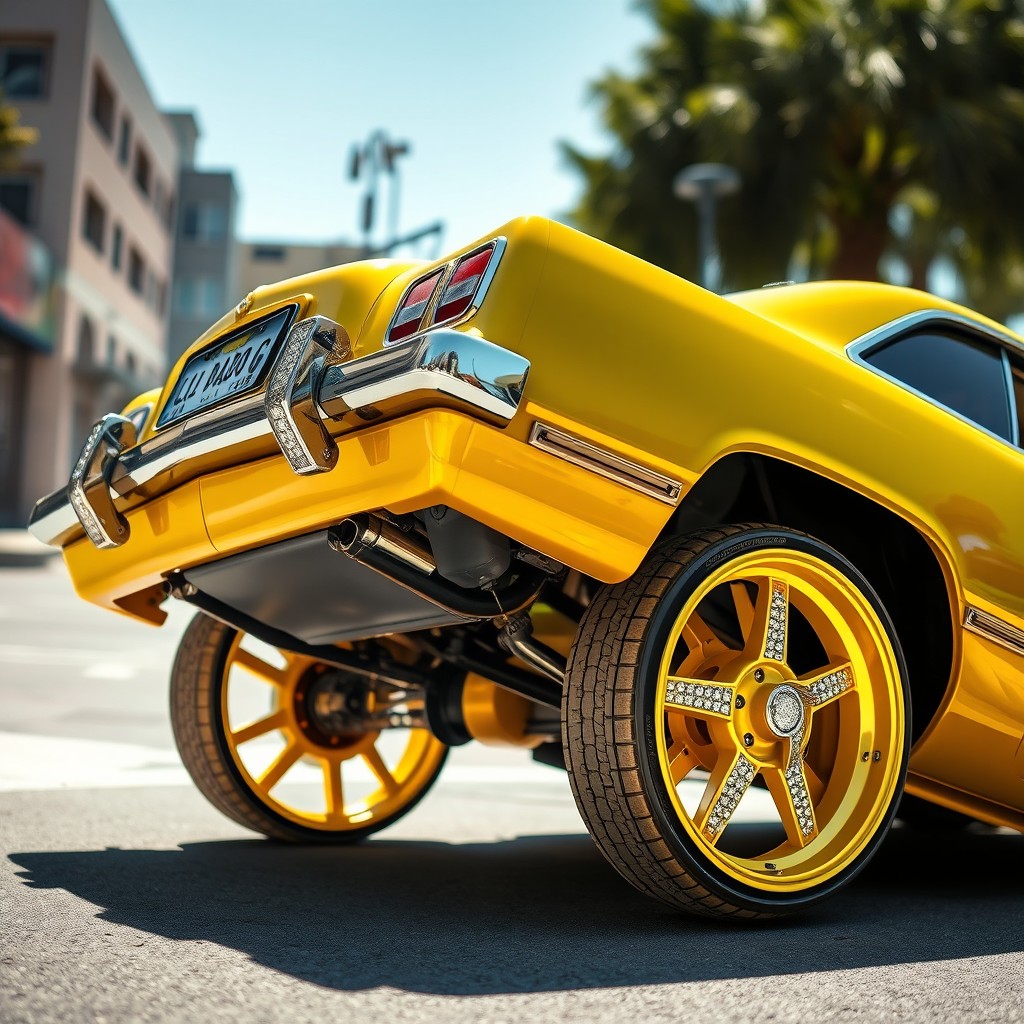 A vibrant lowrider car showcasing its bright yellow-gold wheels adorned with sparkling diamonds, prominently featuring a license plate that reads 'Lil Dado G'