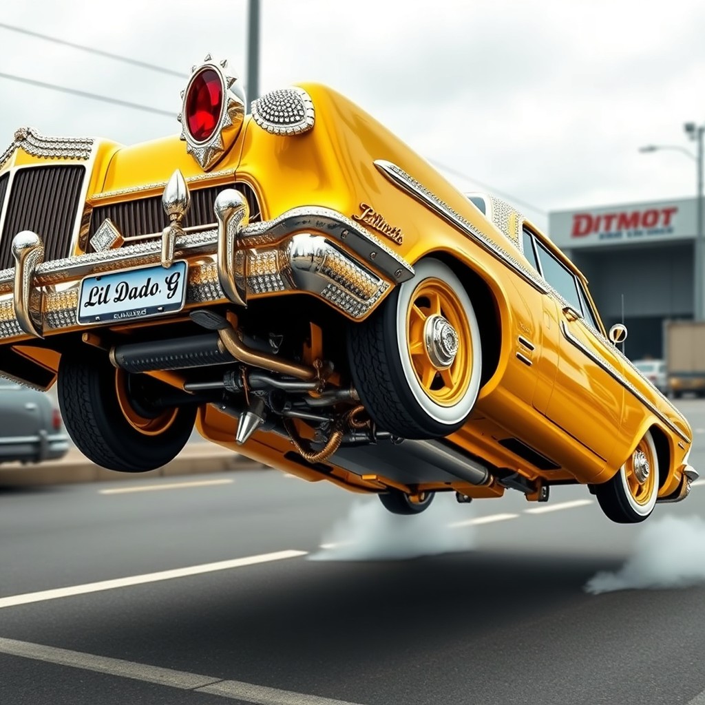 A stunning golden yellow lowrider car adorned with sparkling diamonds, jumping on its wheels in a dynamic pose