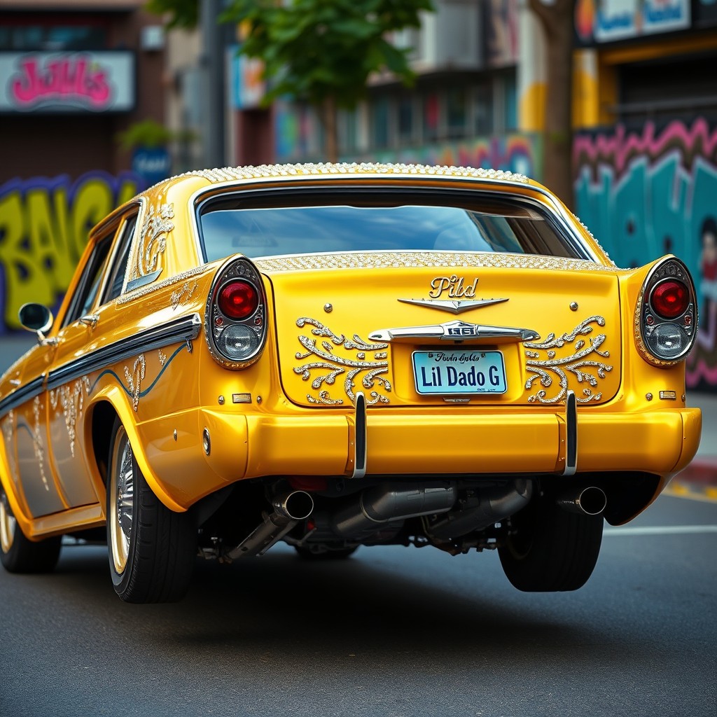 A stunning golden yellow lowrider, adorned with sparkling diamonds, featuring an intricate design