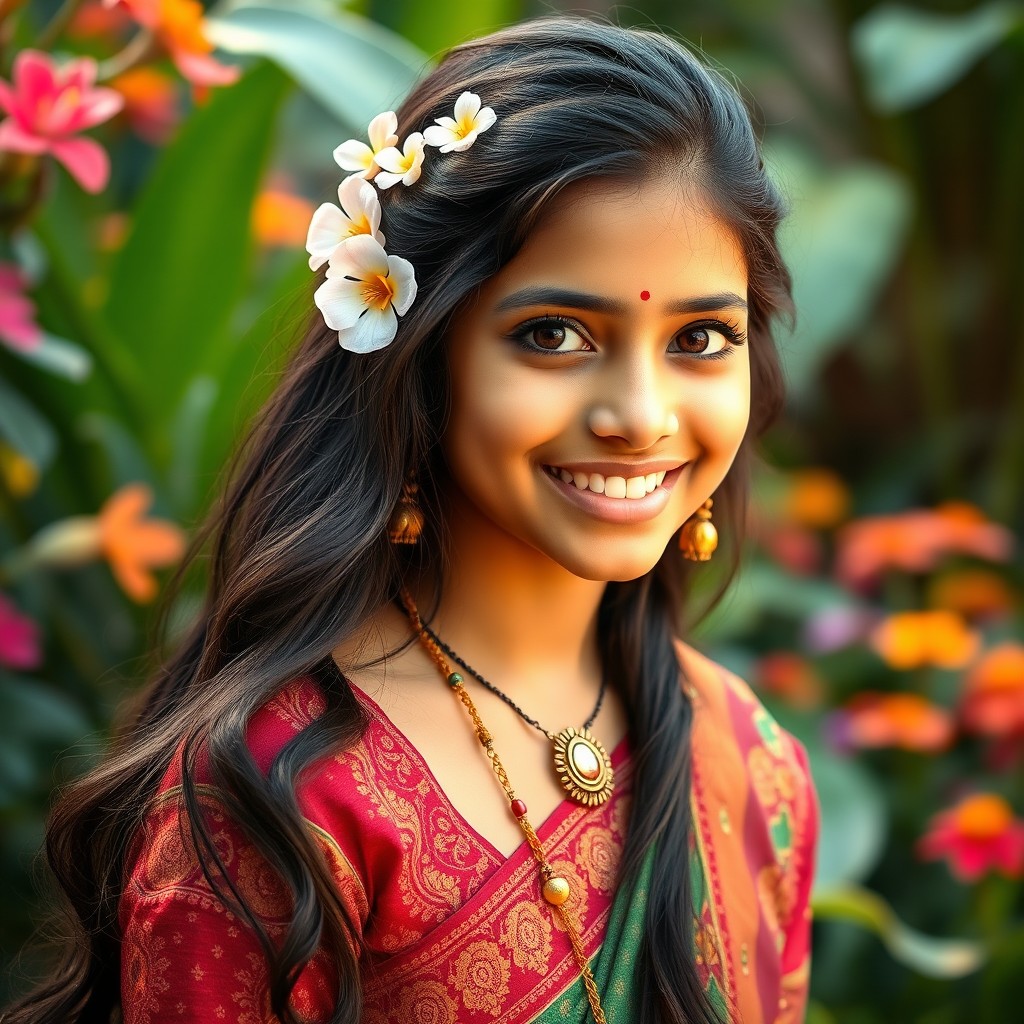 A captivating portrait of a beautiful Indian girl, showcasing her traditional attire with intricate patterns and vibrant colors