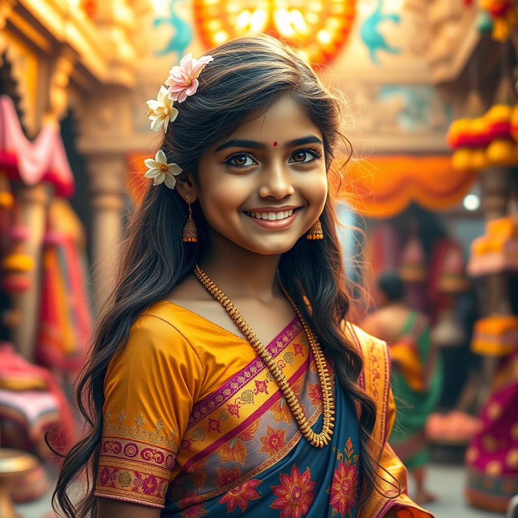 A striking portrait of an enchanting Indian girl, dressed in an elegant traditional saree with intricate embroidery and vivid colors