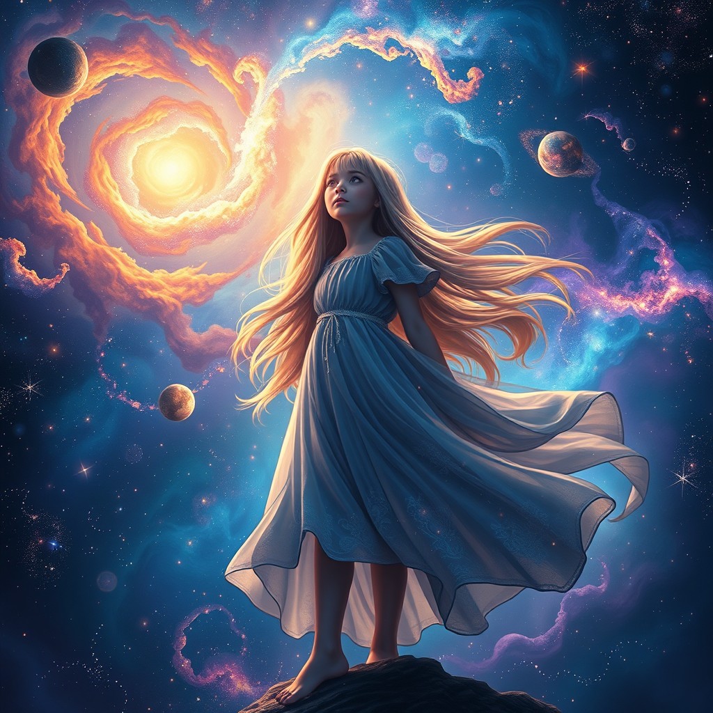A stunning portrayal of a girl standing amidst a vast universe filled with vibrant stars, nebulas, and galaxies swirling around her
