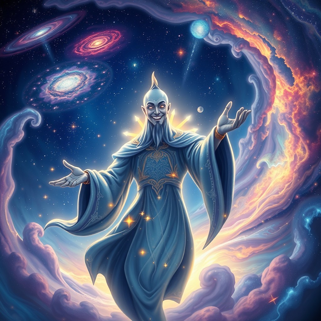 A mystical genie emerging from a swirling cosmic nebula, surrounded by stars and galaxies
